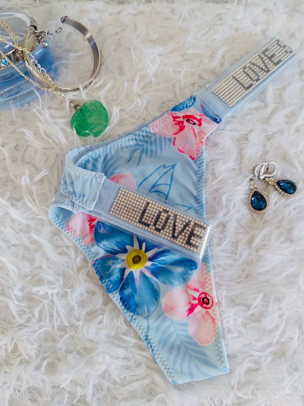 Women’s Floral Light Blue Rhinestone 'LOVE' Thong Panty Soft and comfortable.